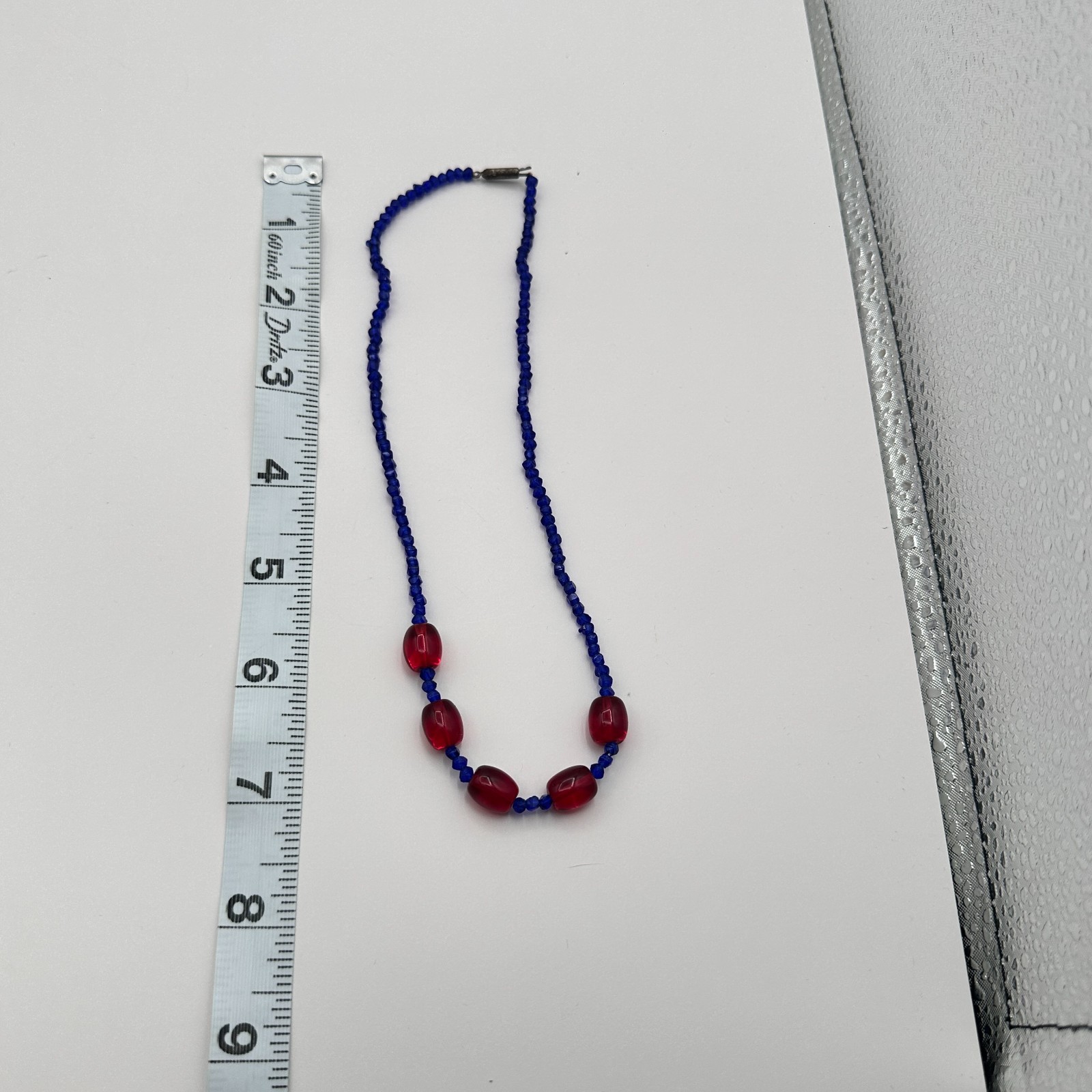 Vintage 70s Blue Seed Beads Necklace Red Glass Barrel Beads Statement Jewelry