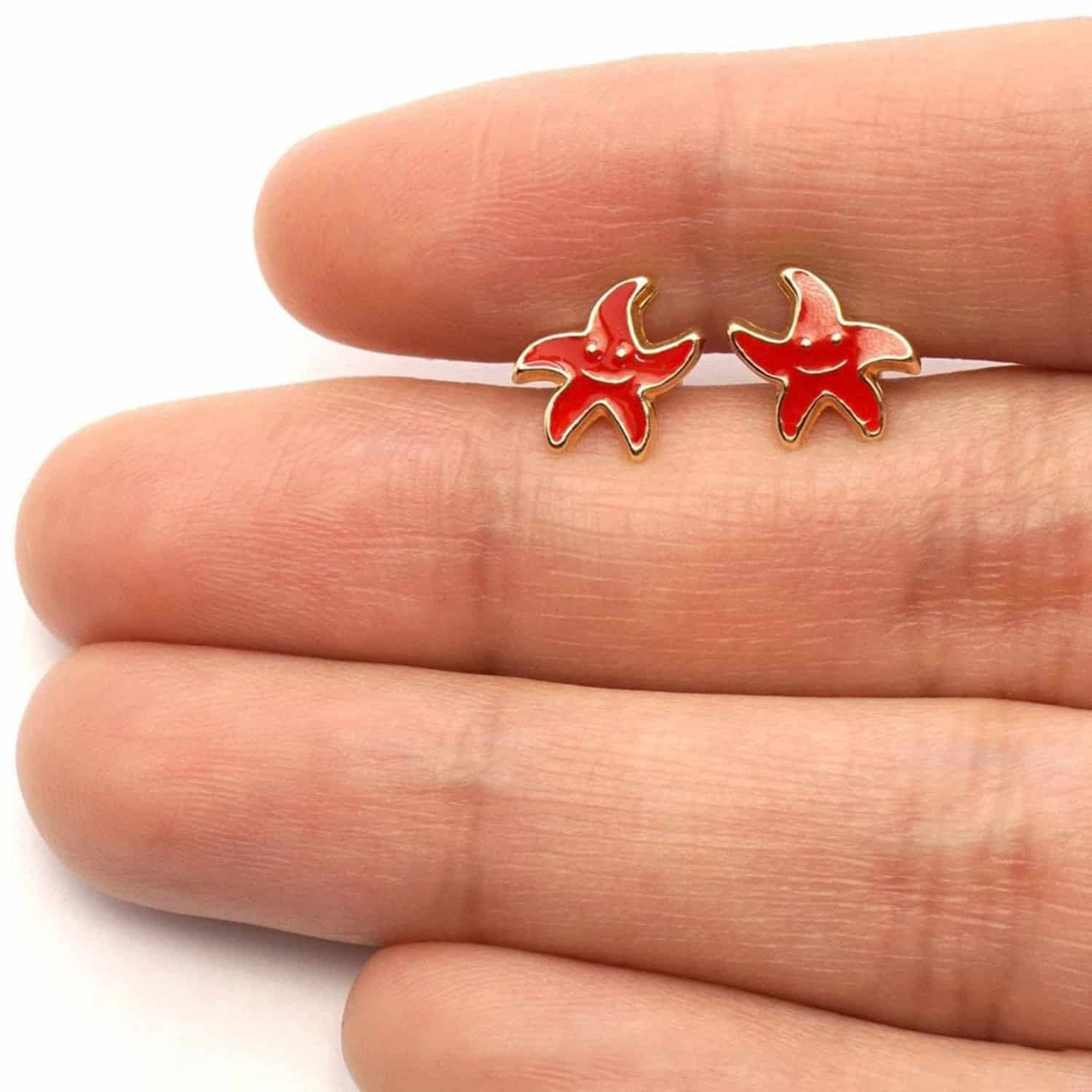 Kid’s 14K Yellow Gold Blue Pink Red Green Enamel Starfish Stud Earrings