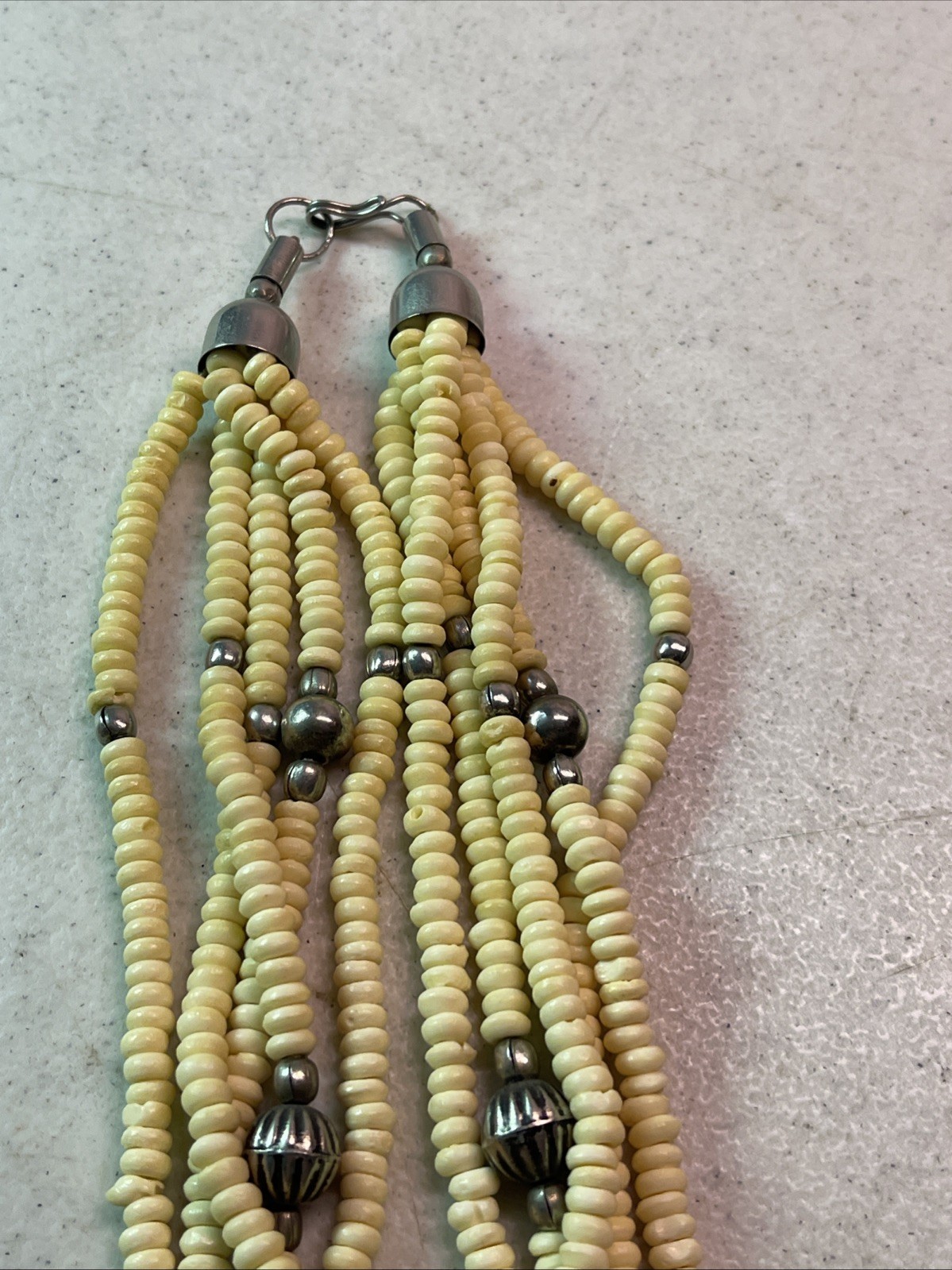 Multi Strand Cream/Silver Bead 19.5” Necklace Round Disk Native American Looking
