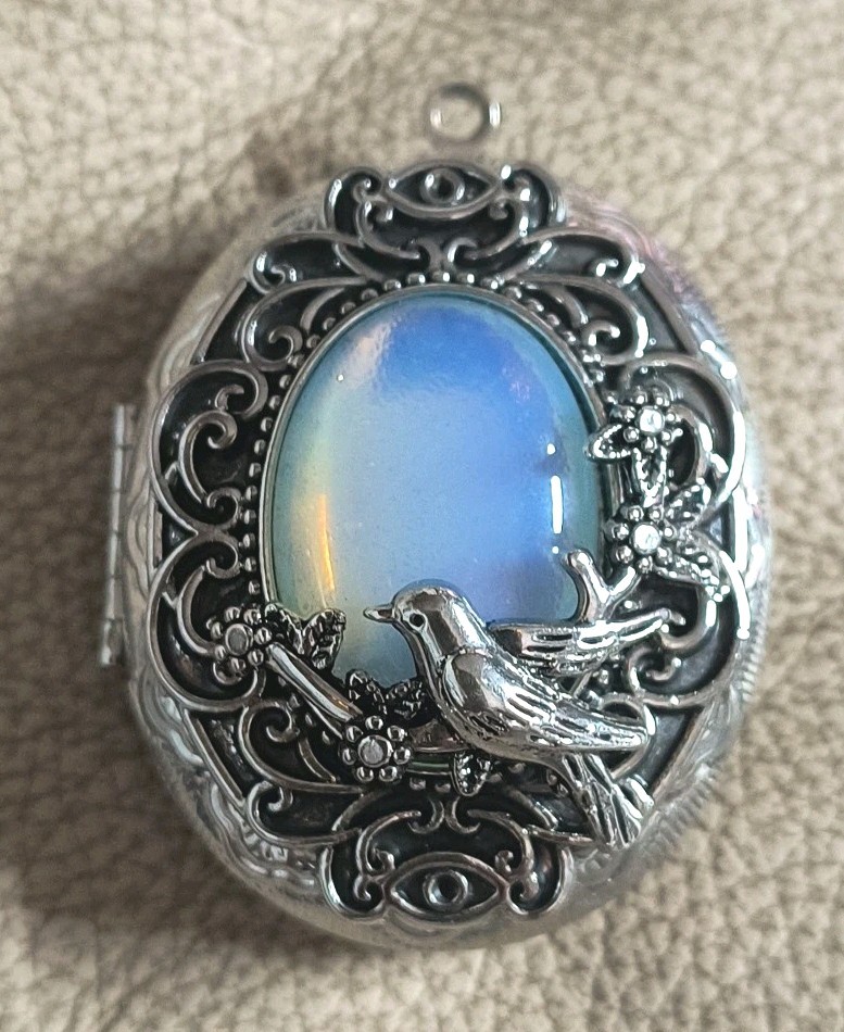 Opalite Locket W Bird Filagree SilverPlated Ornate Oval Pendant 2″ Statement Gem
