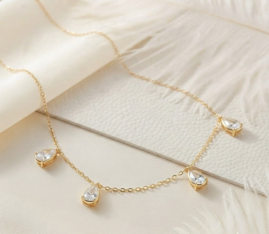 Gold Tone Pear Cut Moissanite Chain Necklace For Women In 925 Sterling Silver