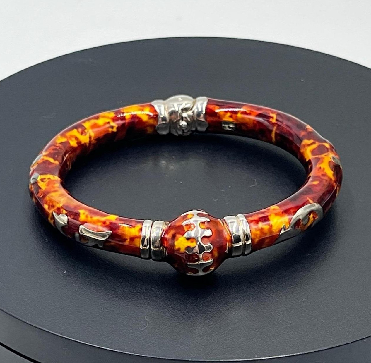Milor Italy 925 Sterling RARE fire brand Enamel X Cross Hinged Bangle Bracelet