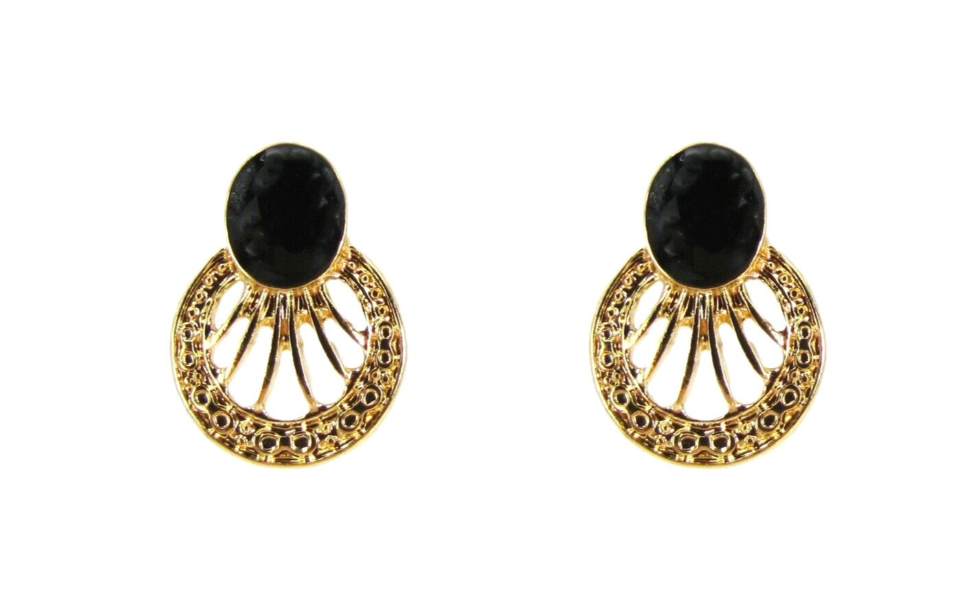 Black and gold earrings with black enamel and textured gold fan design – NEW