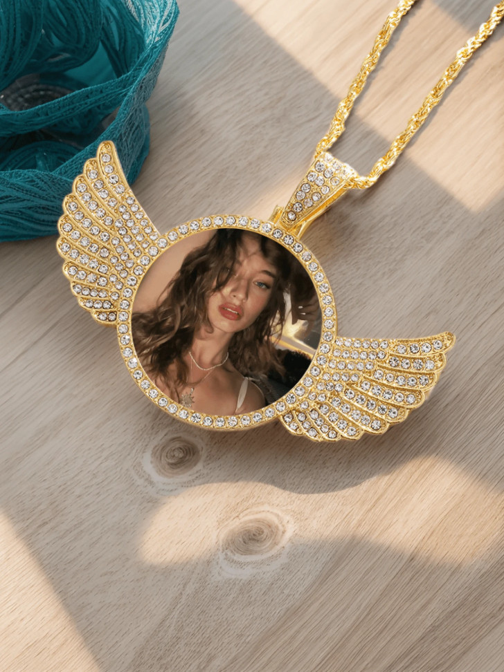 Custom Photo Necklace Angel Wings Pendant Personalized Picture Iced Out Gift