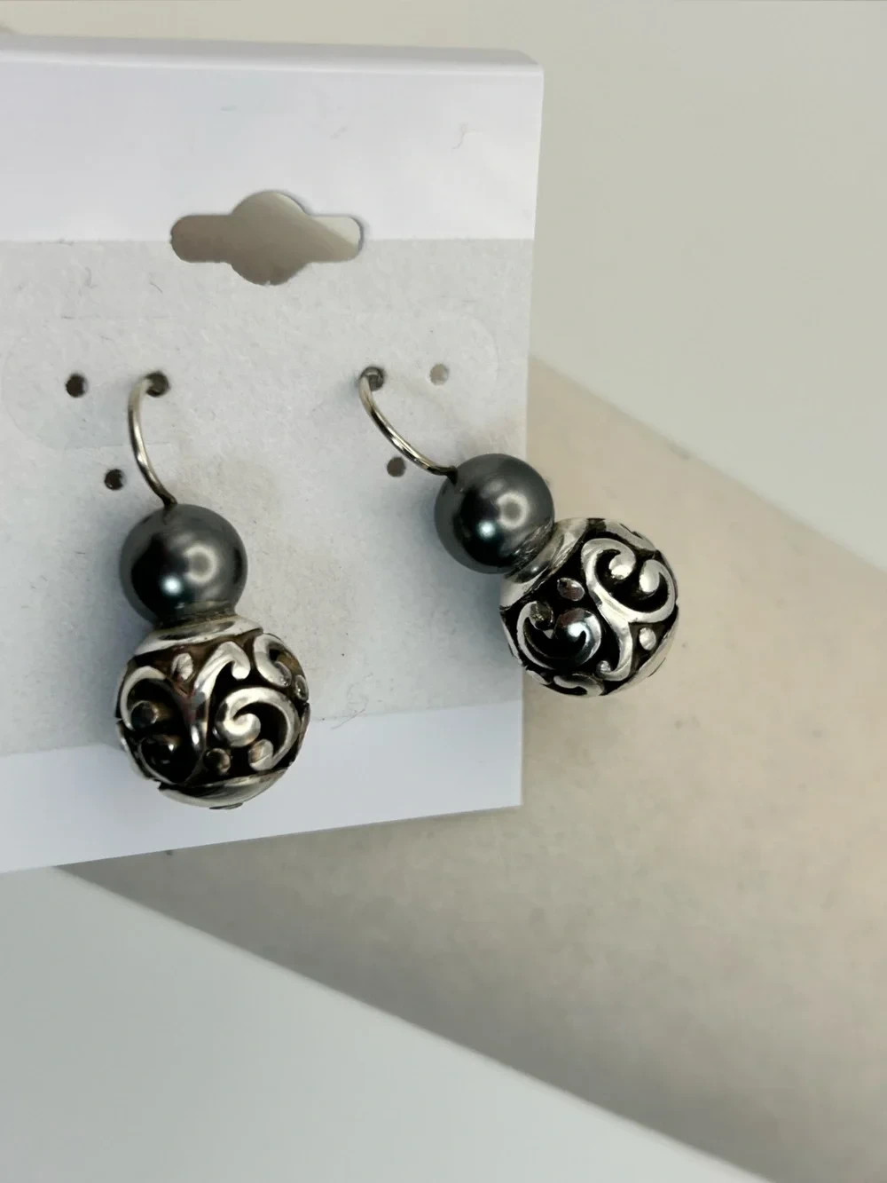 Brighton Contempo Gray Pearl Ball Earrings Silver Plated Dangle Drop 1″
