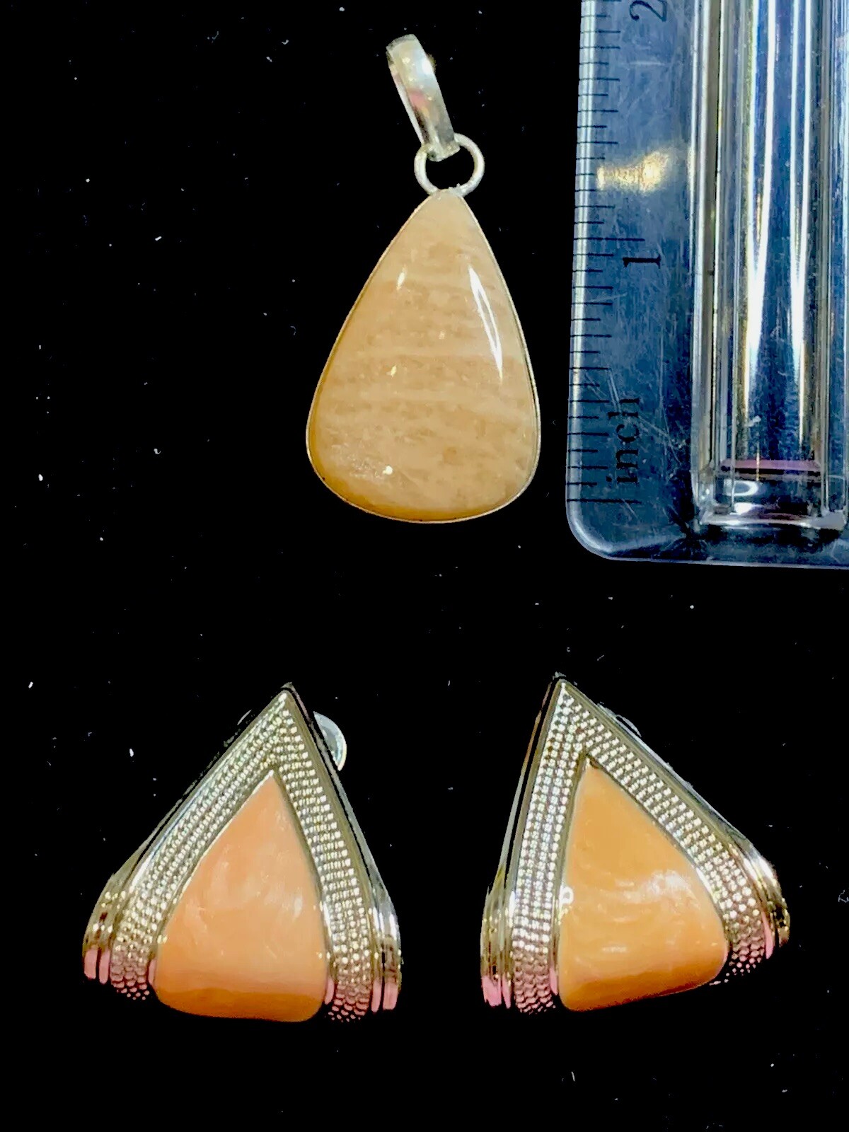 Vintage Enameled Earrings & New Genuine Stone Teardrop 925 Pendant Set