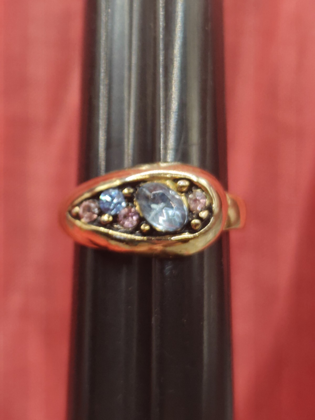 Gold Tone Blue Pink Gemstone Gem Stone Crystal Rhinestone Ring 7.75 Jewelry