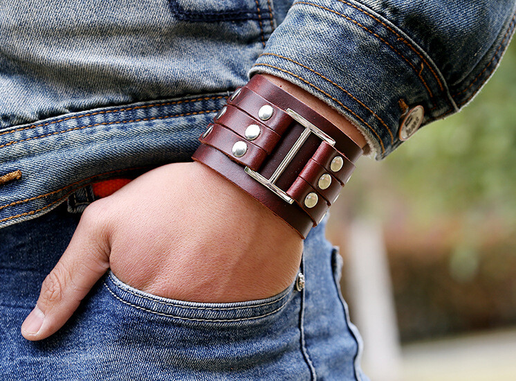 Black or Brown Leather Belted Bracelet w Silver Buckle & Rivets, Your Choice!
