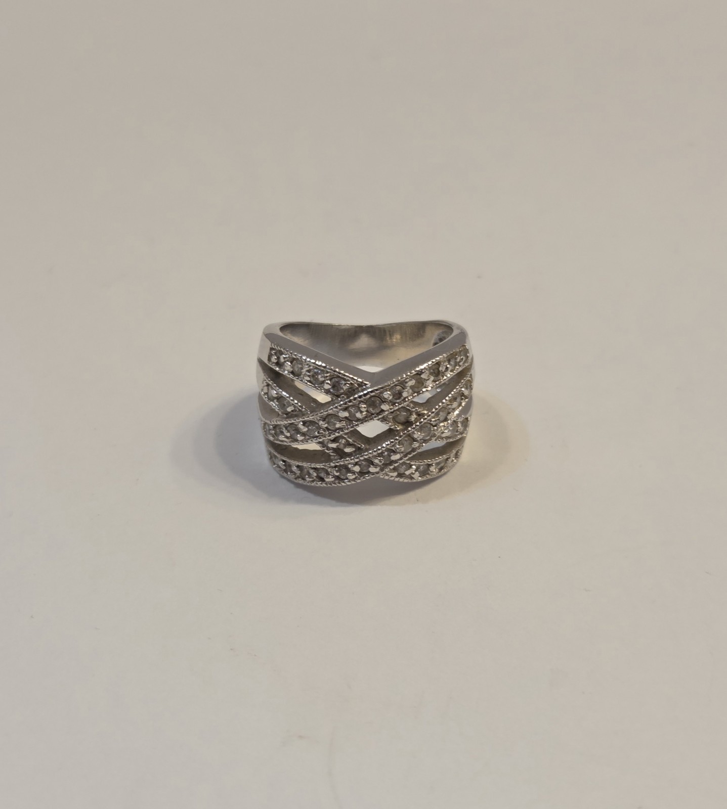 Sterling Silver Criss Cross Pave Set Wide Band Statement Ring Size 7