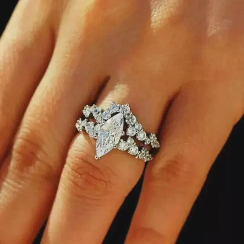 Marquise Moissanite Ring Set 925 Sterling Silver Bridal Wedding Band Women Gifts