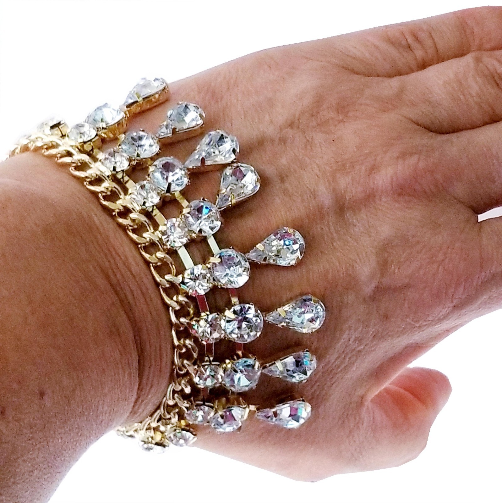 Clear Gold Rhinestone Bracelet Prom Pageant Statement Drag Wedding Jewelry