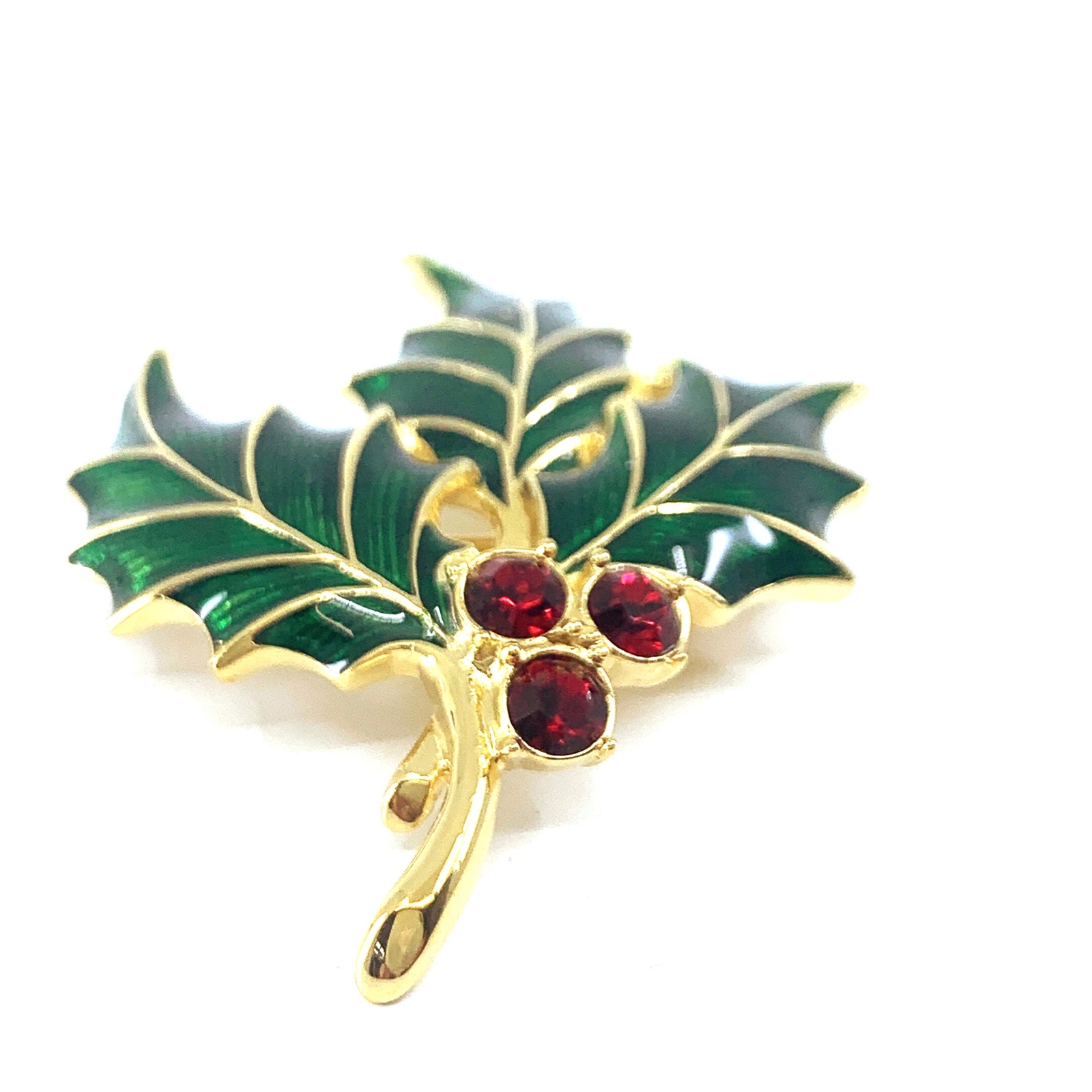Holly Pin Brooch Gold Plated Metal Alloy Set With Enamel And Sparkling Crystals