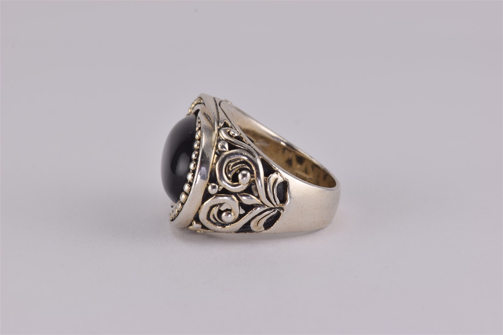 Sterling Silver Oval Black Onyx Bead Scroll Statement Band Ring 16g NK 925 Sz: 7