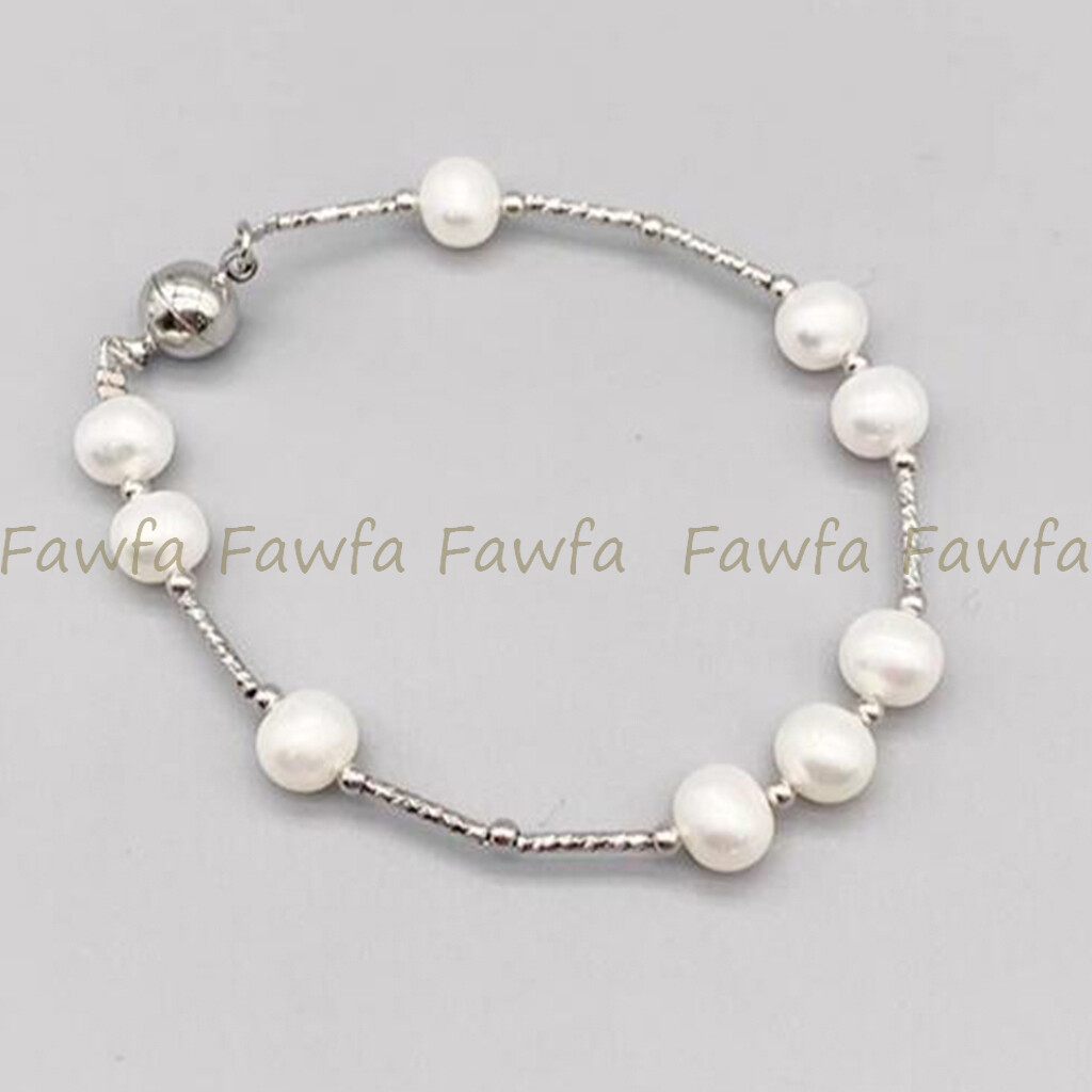 Genuine Natural 6-11mm White Freshwater Baroque Pearl Bangle Barcelet 7.5-8 in