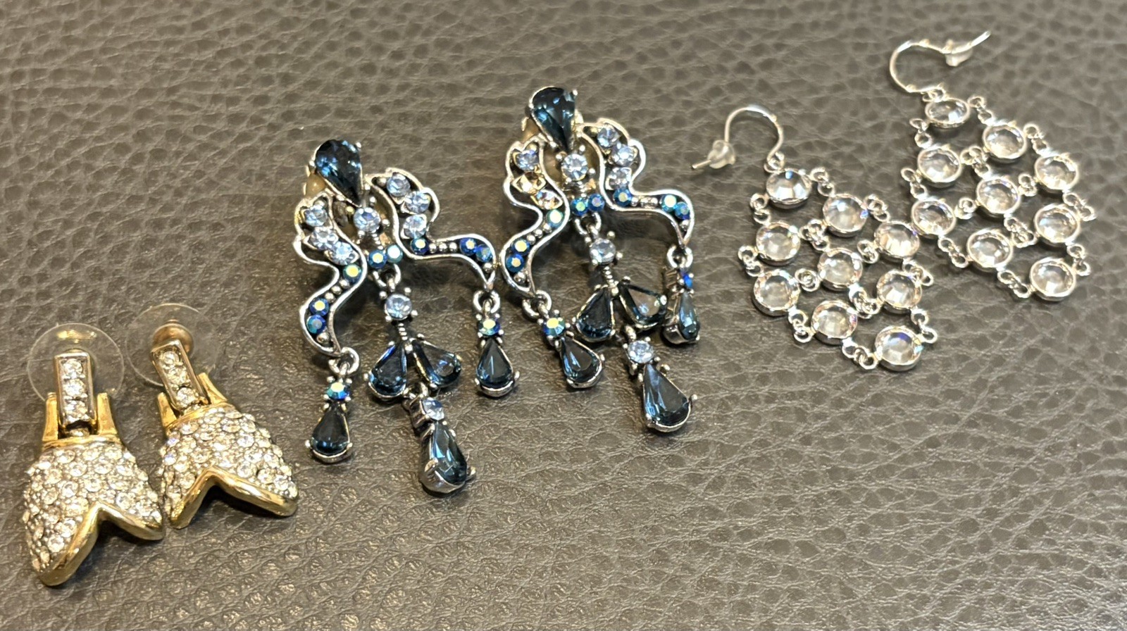 Vintage Lot Of 3 Rhinestone Dangle Drop Chandelier Pierced Statement Earrings