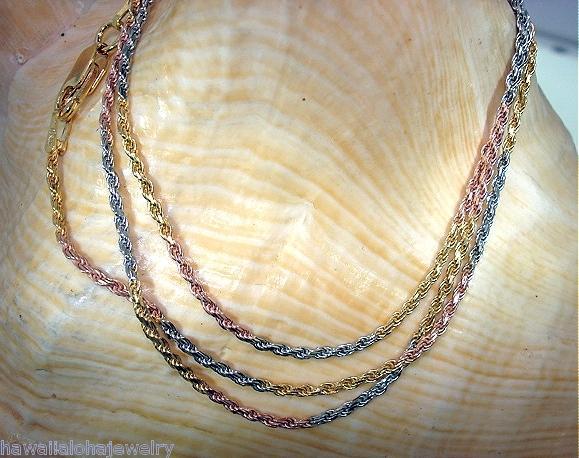 1.3mm Tri-Color Gold Plated Over 925 Sterling Silver Italian DC Rope Chain 18″