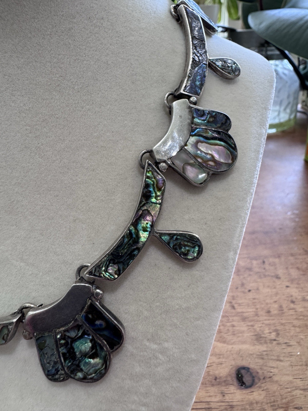 Sterling Silver Abalone Shell Inlay Statement Choker Necklace, 61.2 g