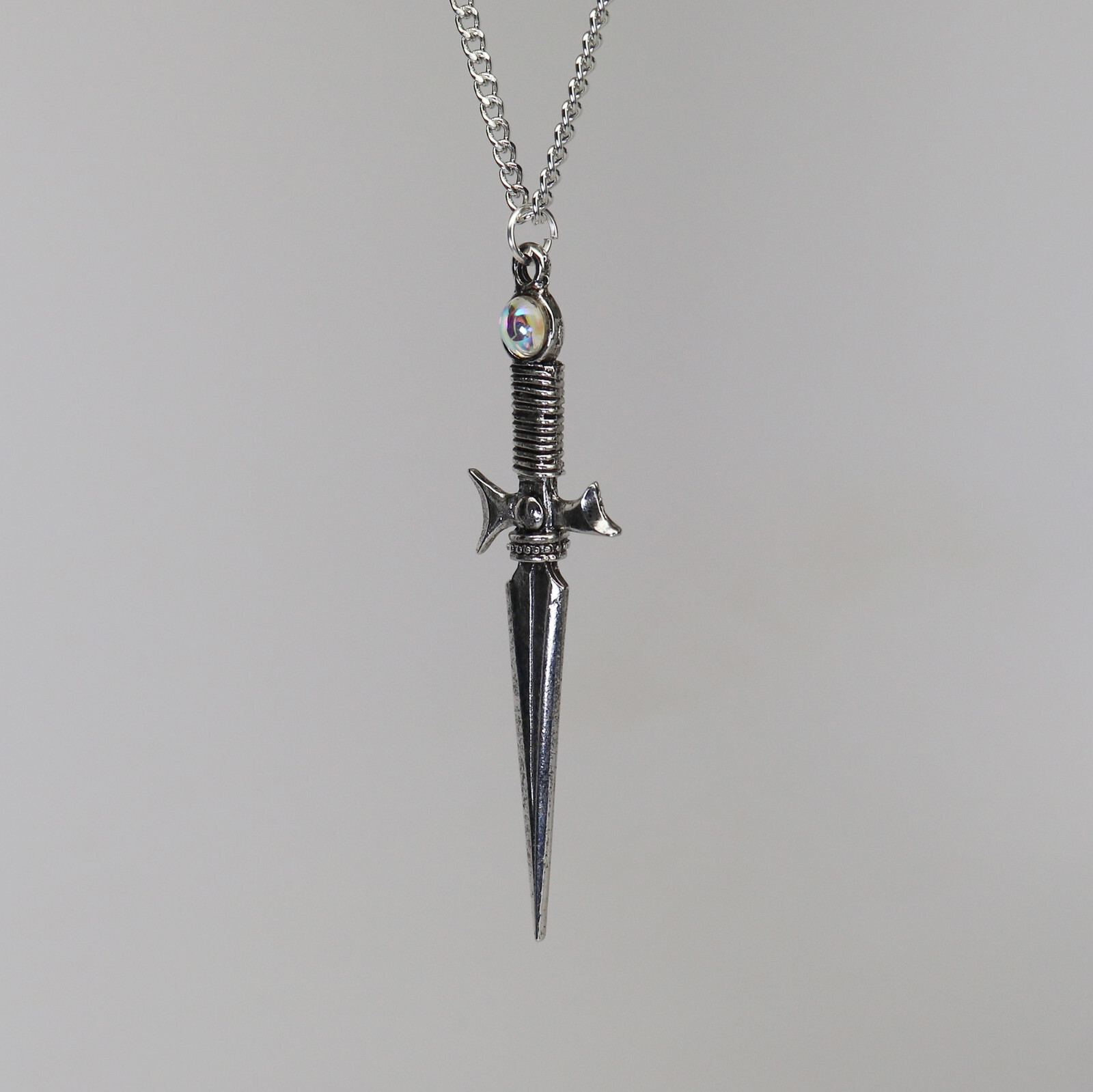 Silver Finish Sword with Red Aurora Borealis Stone Pendant Necklace NK-338