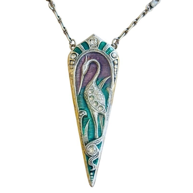 Sweet Romance USA Enamel Egret Art Nouveau Necklace Silver Enamel Rhinestone 22″