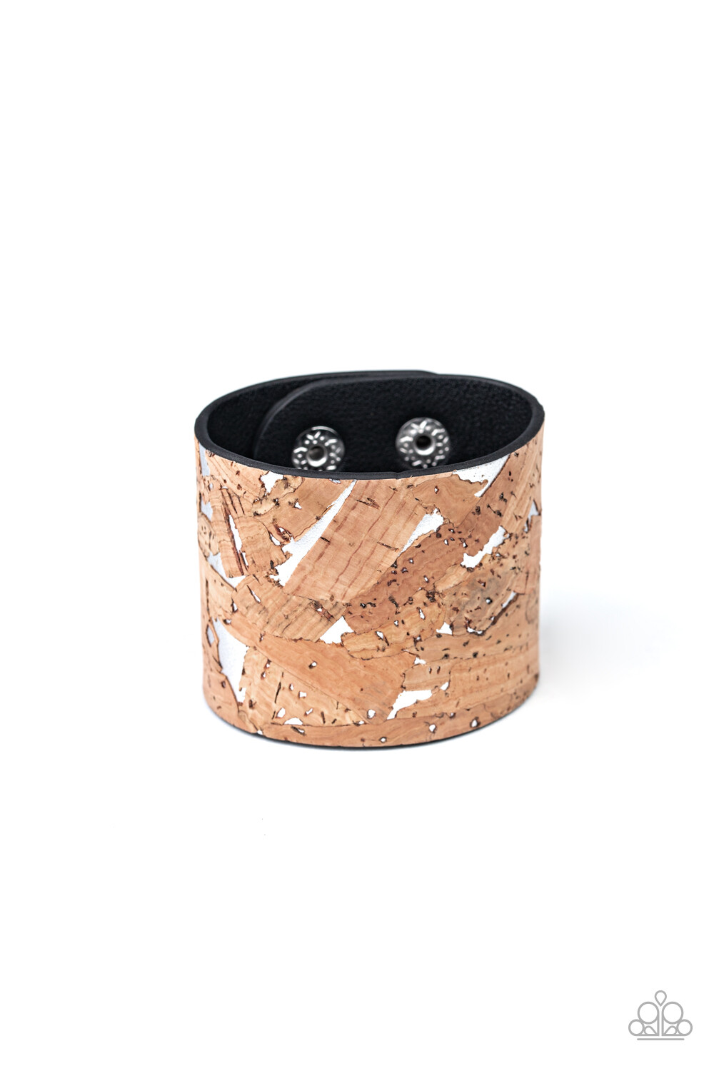 Paparazzi Cork Congo -Silver – Black Leather Band – Wrap / Snap Bracelet