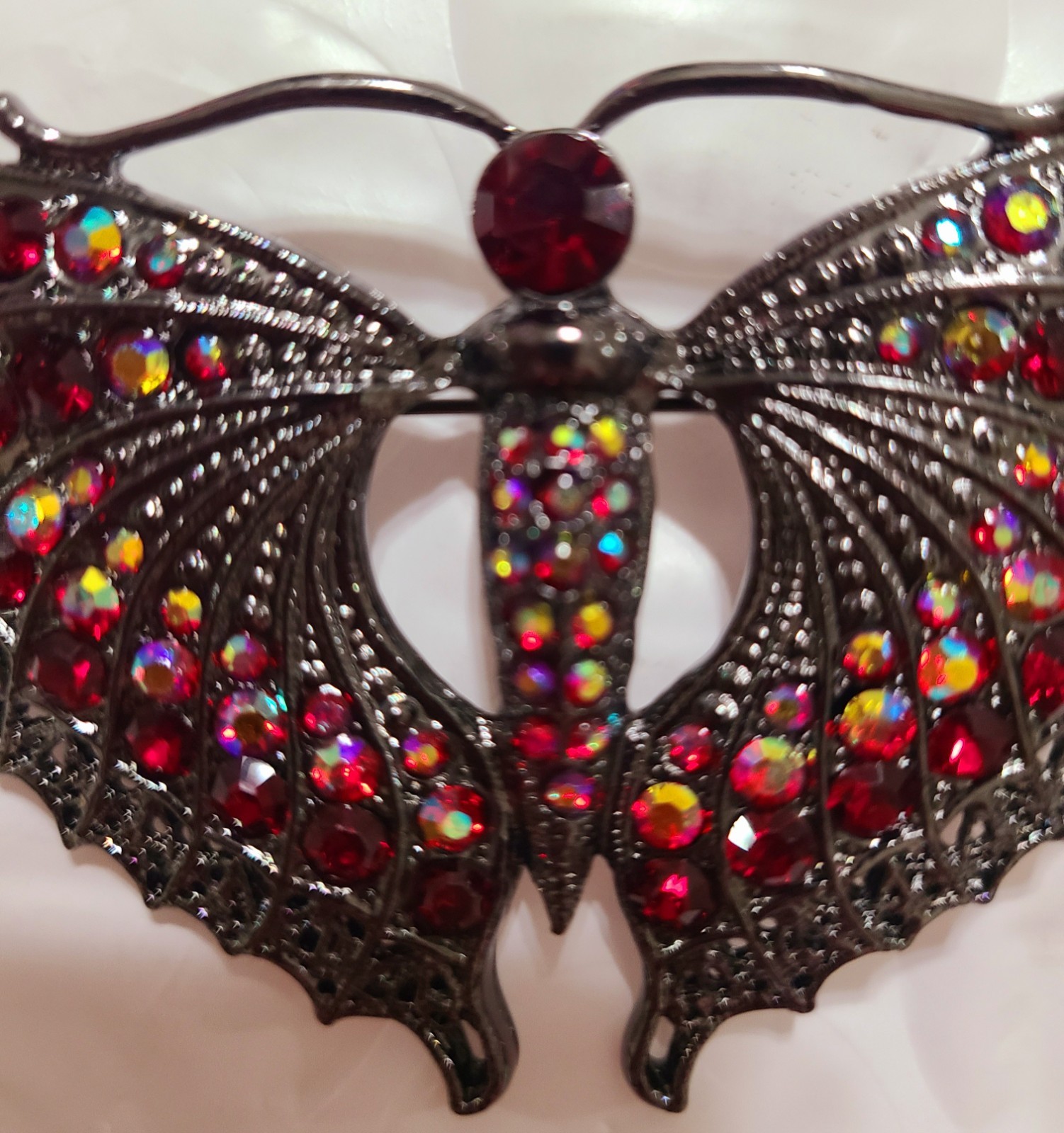 Aurora Borealis And Fiery Red Rhinestones In A Black Tone Butterfly Brooch 2.5in