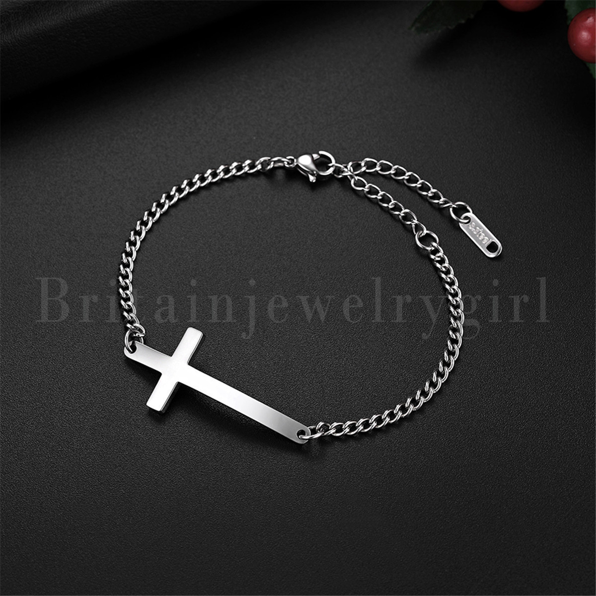 Stainless Steel Polished Cross Chain Cuff Bracelet for Women Girls Fit 6.5″-8.5″