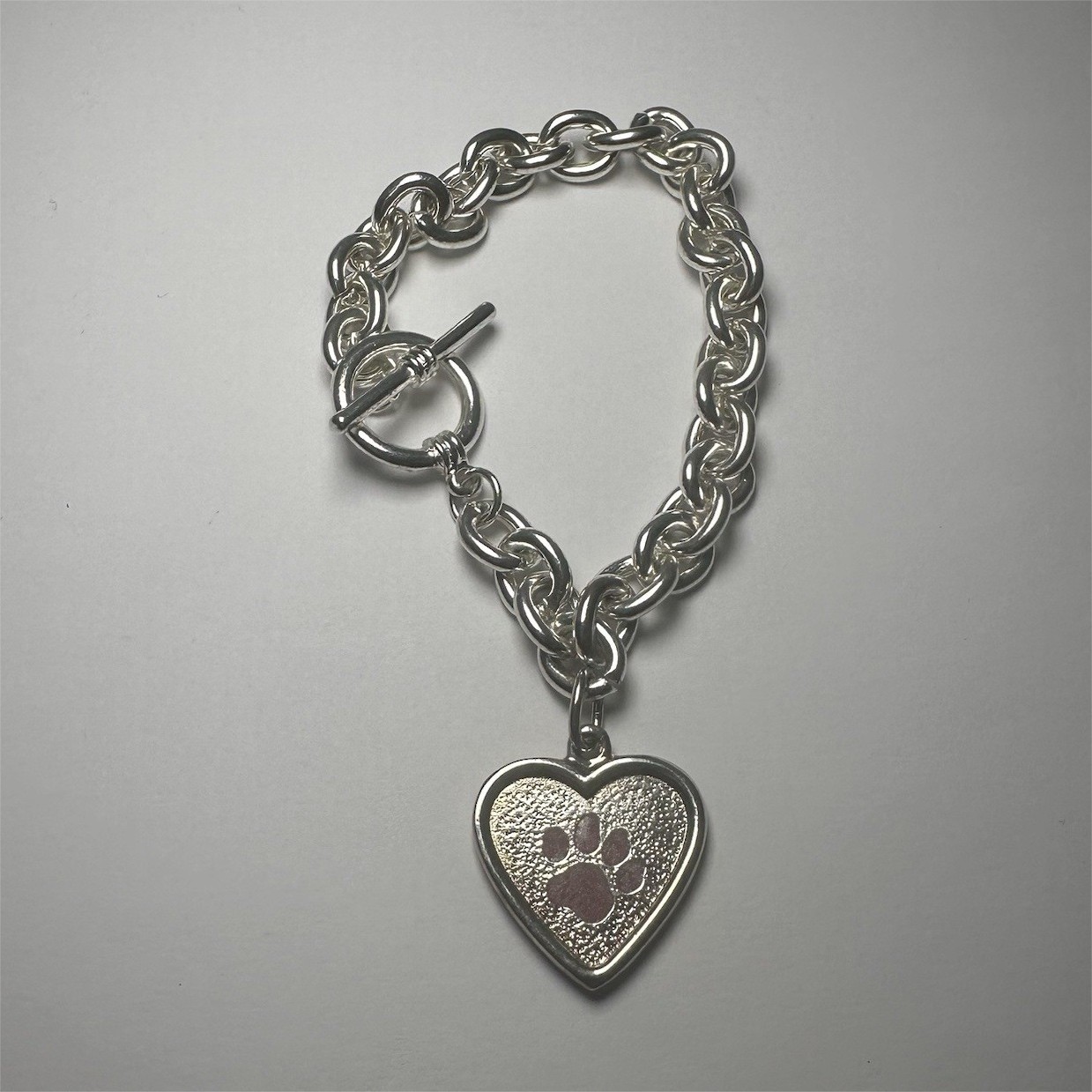 Silver Tone Toggle Bracelet Heart Paw Print Dangle Charm 8 in