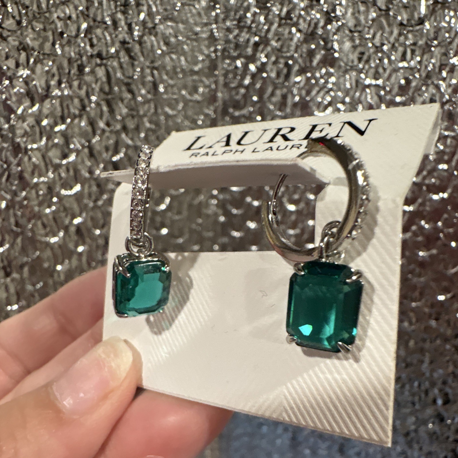 Lauren Ralph Lauren Silver Hoop Dangle Earrings Green Rectangle Crystal Snap