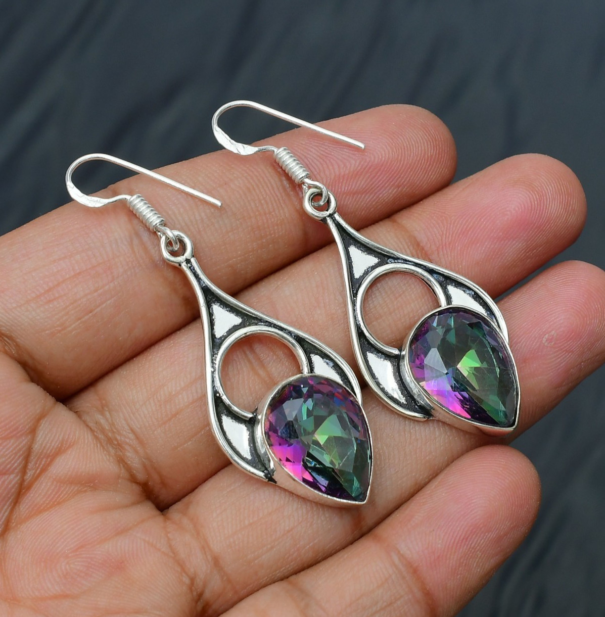 Mystic Topaz (Lab-Created)Gemstone 925 sterling silver Handmade Earring 1.96″