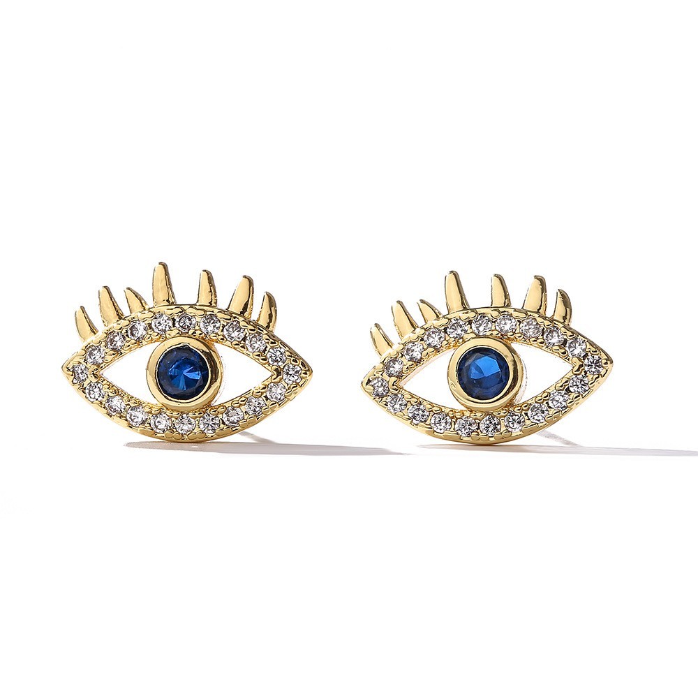 Blue Evil Eye Shaped Eyelashes Stud Earrings Gold-Tone CZ Rhinestones Jewelry