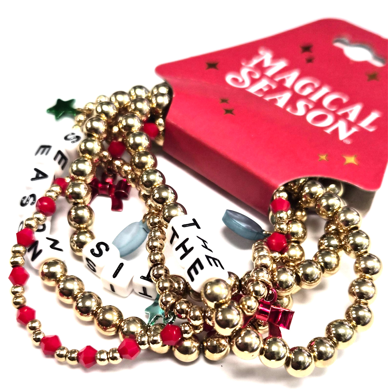 NOS Estate 5 Christmas Holiday Plastic Beaded ” TIS THE SEASON ” 6.5″ Bracelet