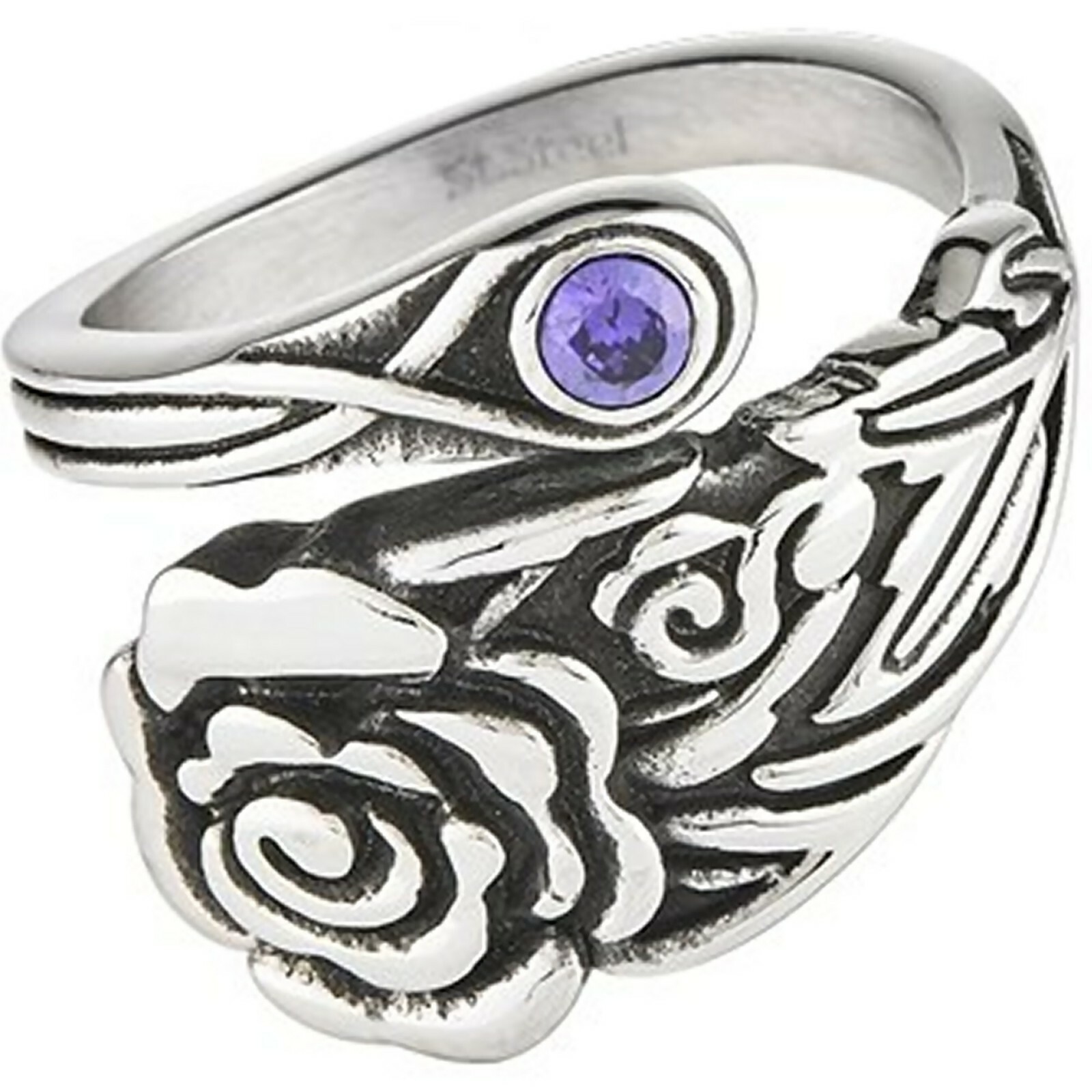 Rose Spoon Ring Womens Silver Stainless Steel Purple CZ Garden Flower Boho Band
