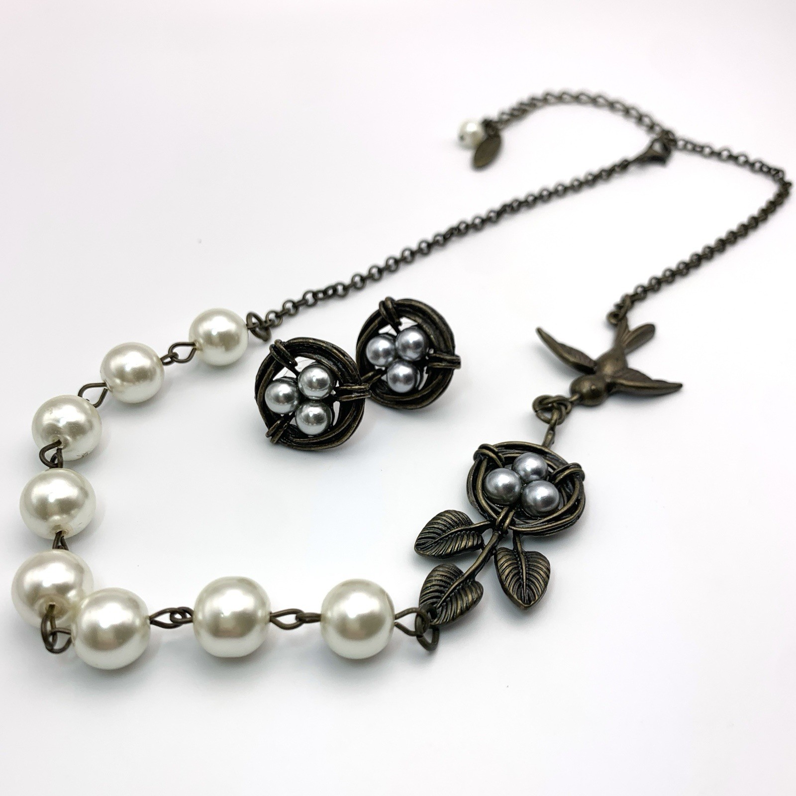Plunder Bronze Tone 3D Bird Nest Gray Pearl Eggs Necklace And Earrings Set 17”