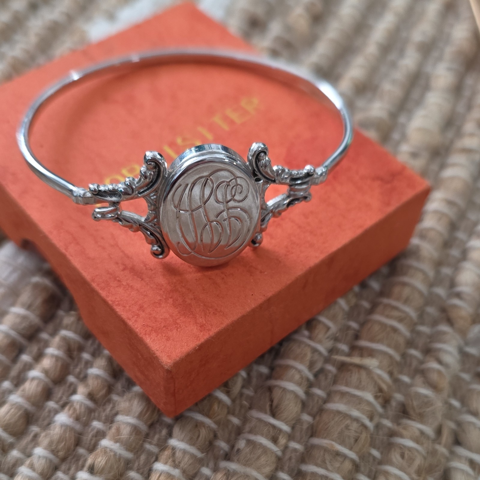 Childs Avon Silver Oval Locket Bangle Bracelet Monogram Signed Hook Closure