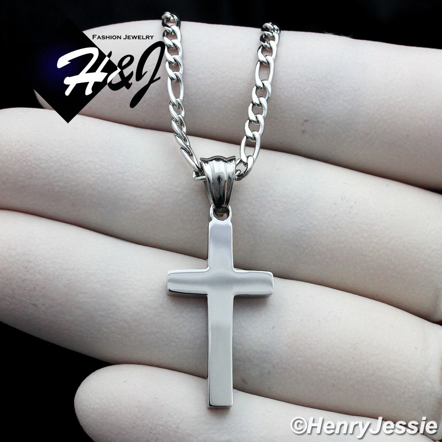 16-30″MEN Stainless Steel 2/3mm Silver Figaro Chain Necklace Cross Pendant*P67
