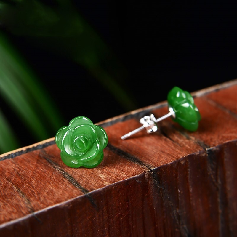 Dainty Natural Green Jade Hand Carved Rose Flower 925 Silver Stud Earrings