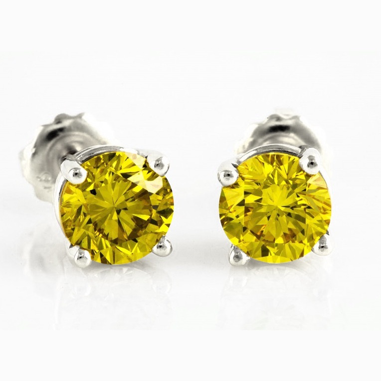 1.00 Ct Fancy Canary Yellow Round Diamond Studs Earrings Man Made 14k Solid Gold