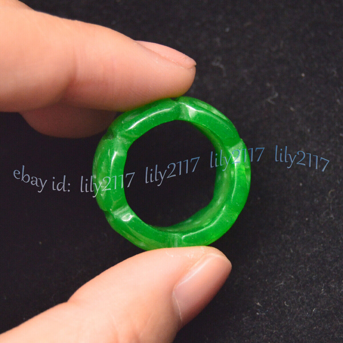 Chinese Natural A Green Jade Jadeite Carved Hollow Out Finger Rings Lucky Amulet