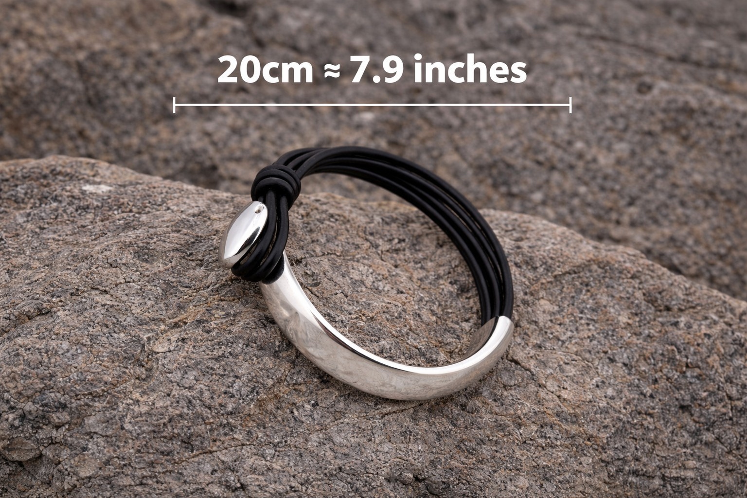 Minimalist Black Leather Wrap Bracelet Silver Tone Zinc Alloy Cuff 20cm 7.9in