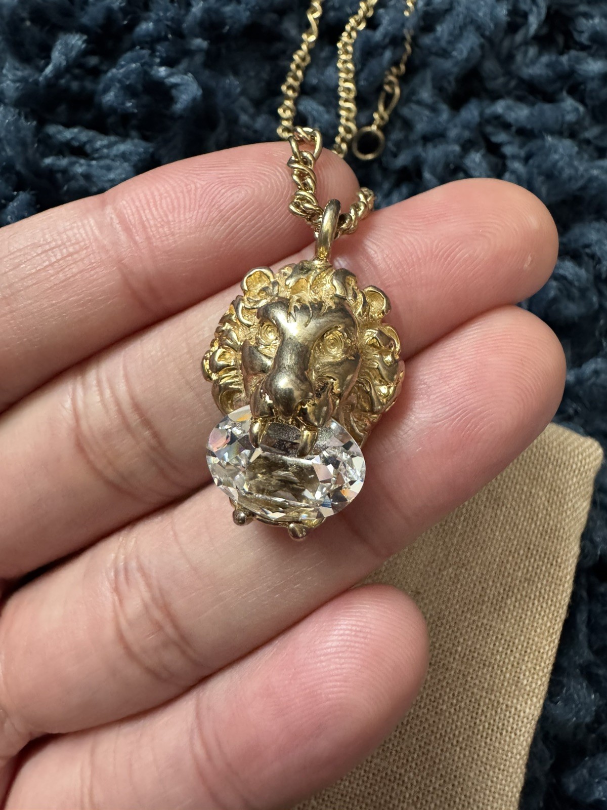 Gucci Lion Head Crystal Pendant Necklace Gold Plated 23.6in Chain Unisex
