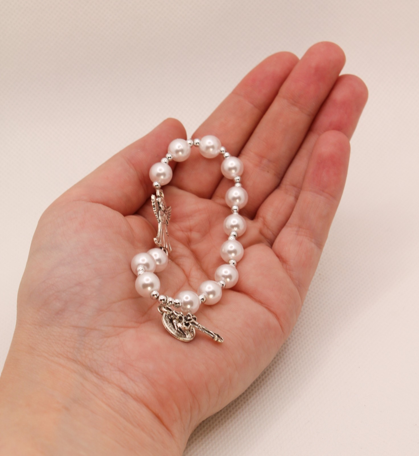 Zinc Alloy Guardian Angel, Crucifix, Miraculous Charm Faux Pearl Rosary Bracelet