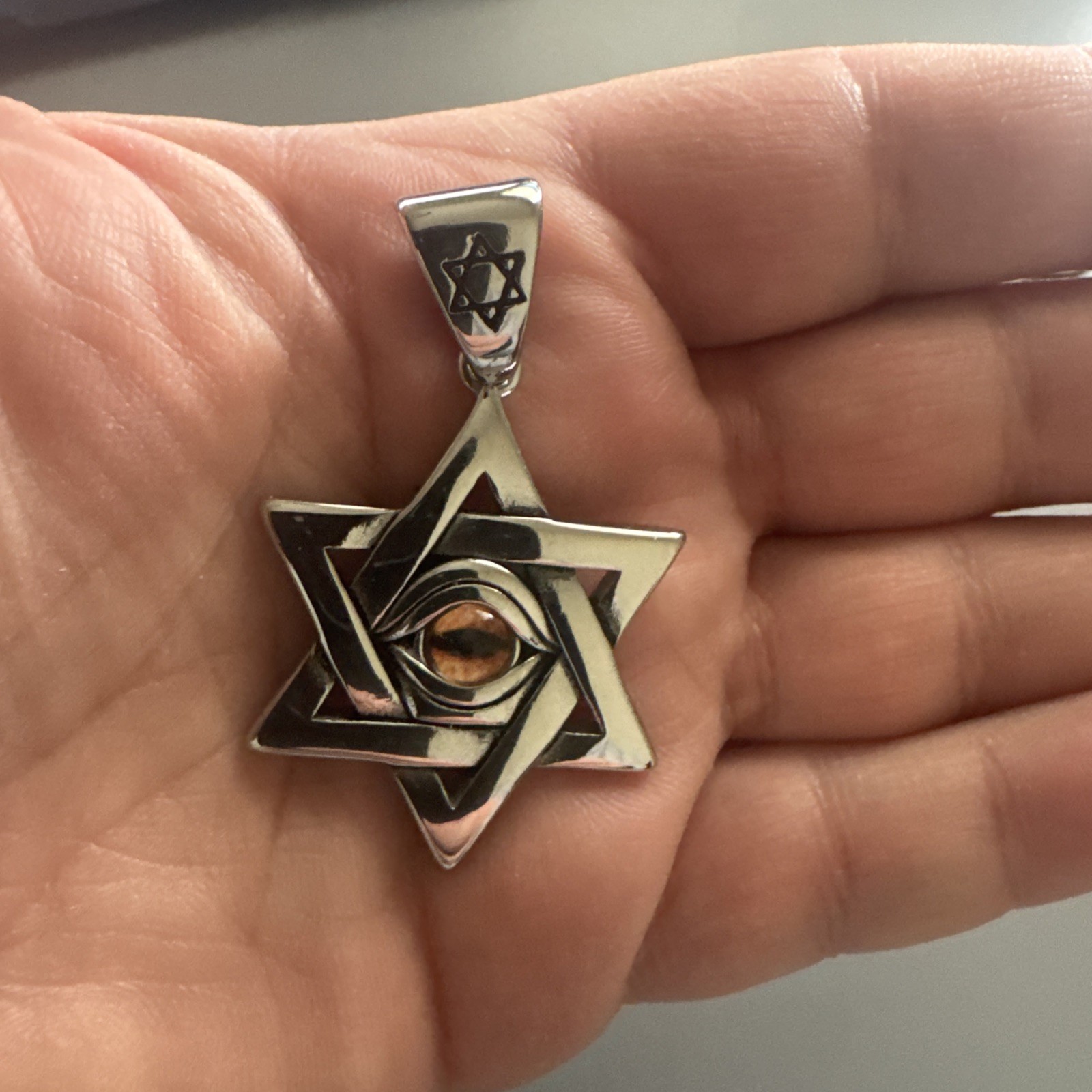 Star Of David Evil Eye Stainless Steel Pendant 24” Chain Jewish Religious Israel