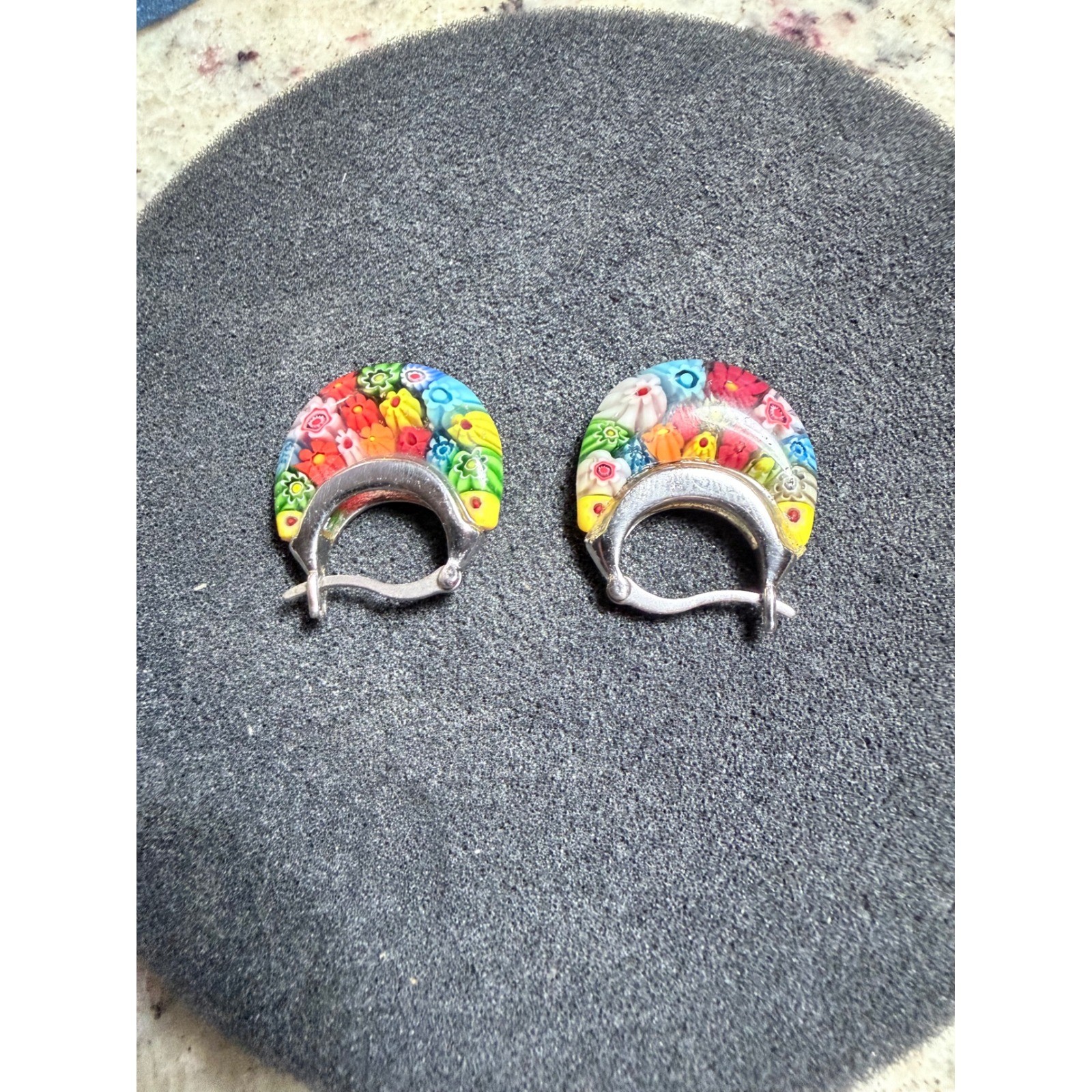 Murano Glass Millefiori Hoop Earrings Colorful Floral Mosaic Silver Tone Boxed