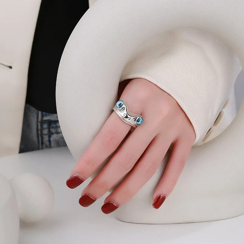 Cute Frog Blue Eye Silver Ring, Adjustable Size, Toad, Fun