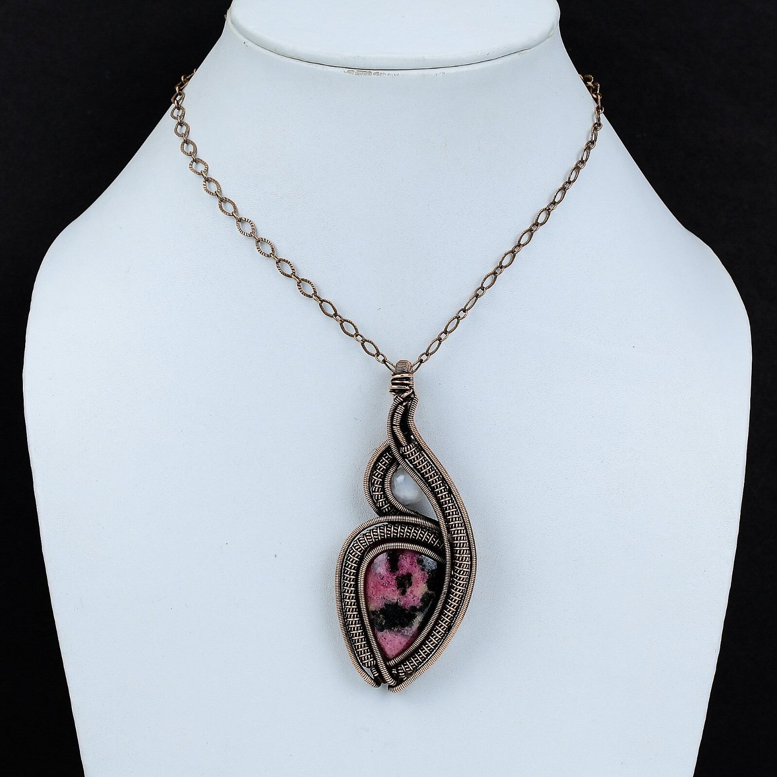 Rhodonite Gemstone Jewelry Copper Bestie Gift Wire Wrapped Pendant 3.39″