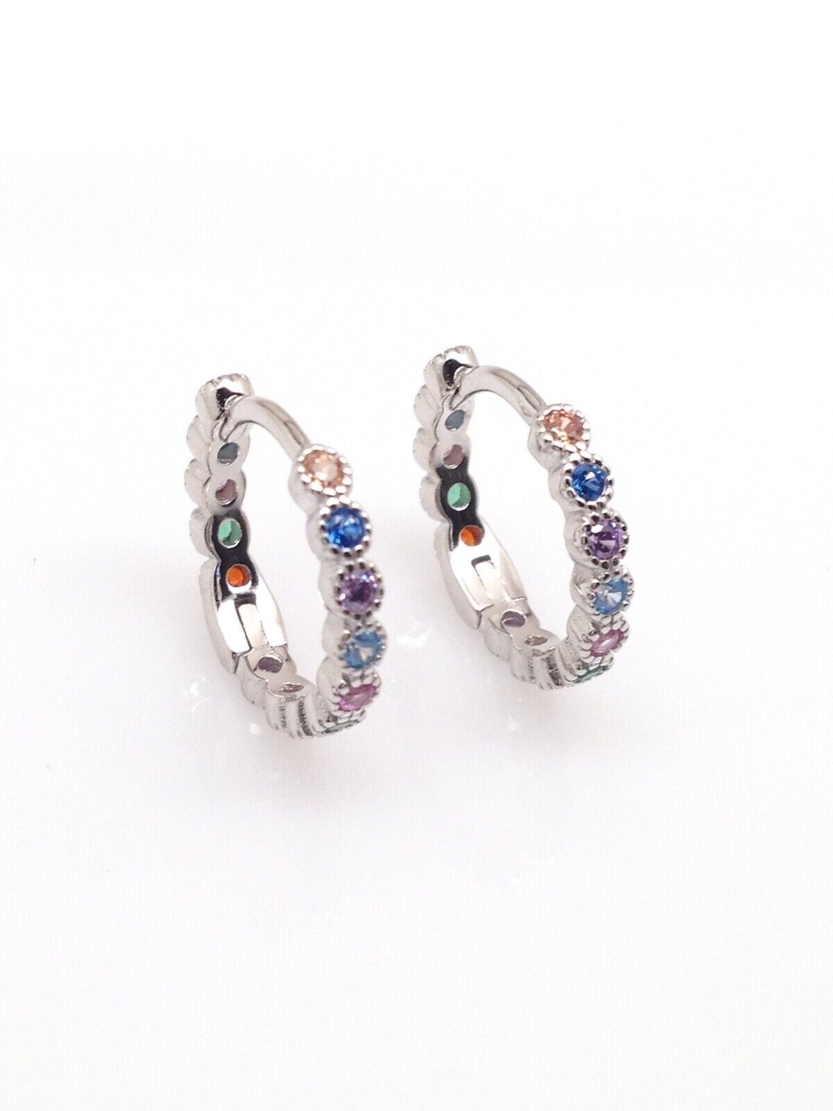 925 Sterling Silver Rainbow CZ All Around Huggie Hoop Earrings 13mm/10mm x1.8mm