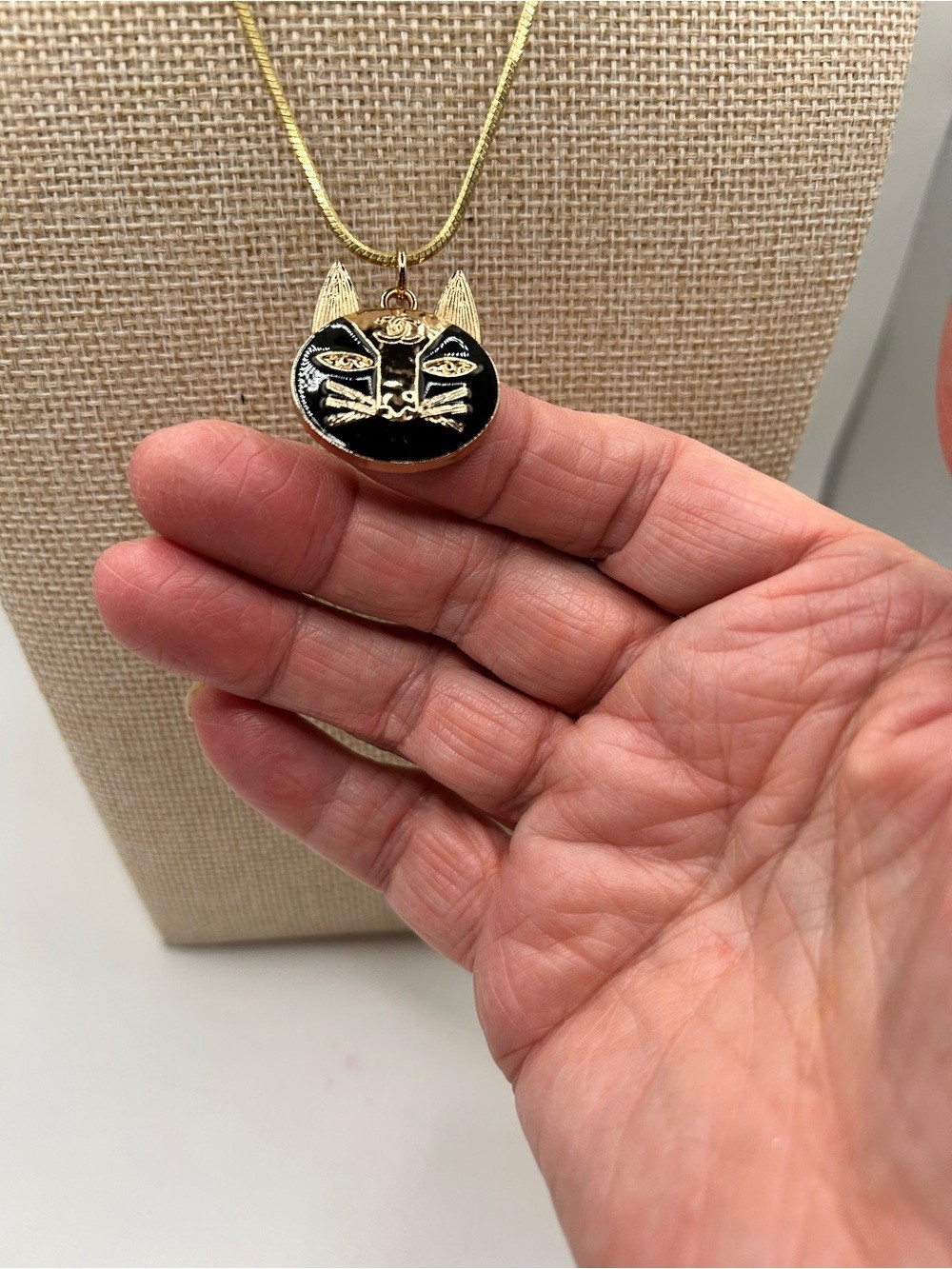 Chanel gold and black enamel Cat Pendant Necklace on gold chain