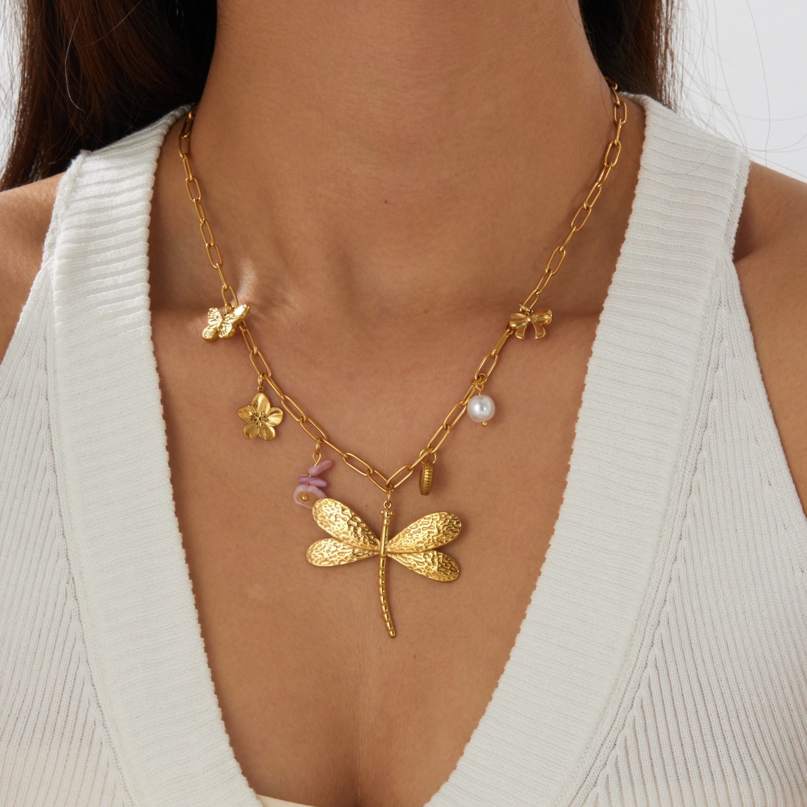316L Stainless Steel Dragonfly Flower Bow Necklace Multi Pendant Waterproof