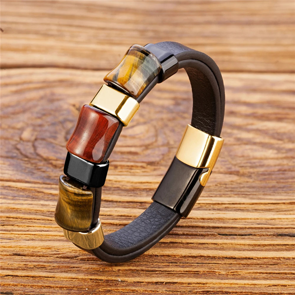 Pulsera De Acero Inoxidable Para Hombre Brazalete De Cuero Natural Ojo De Tigre