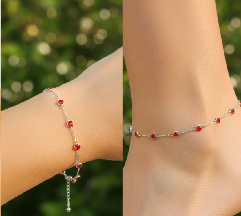925 Silver Plated Ruby Anklet Minimalist Silver Tone Brass Designer Anklet
